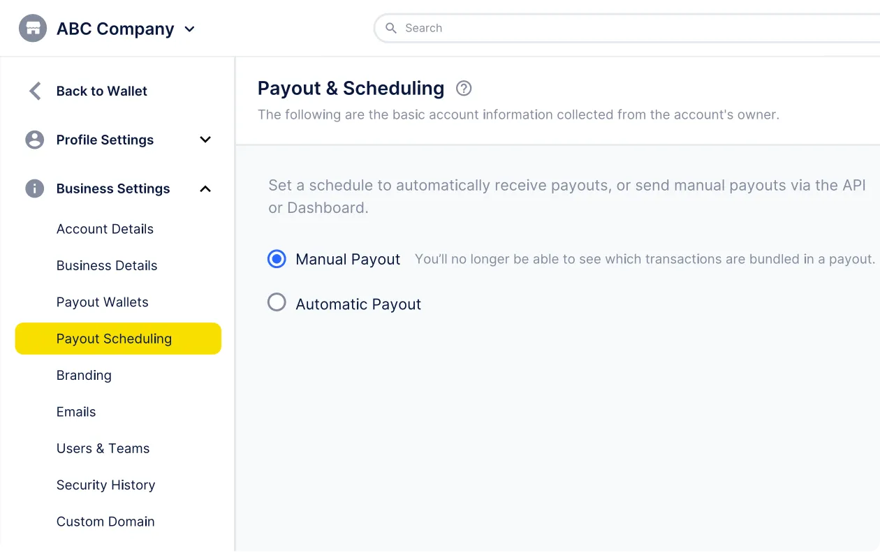 Payout and scheduling screen