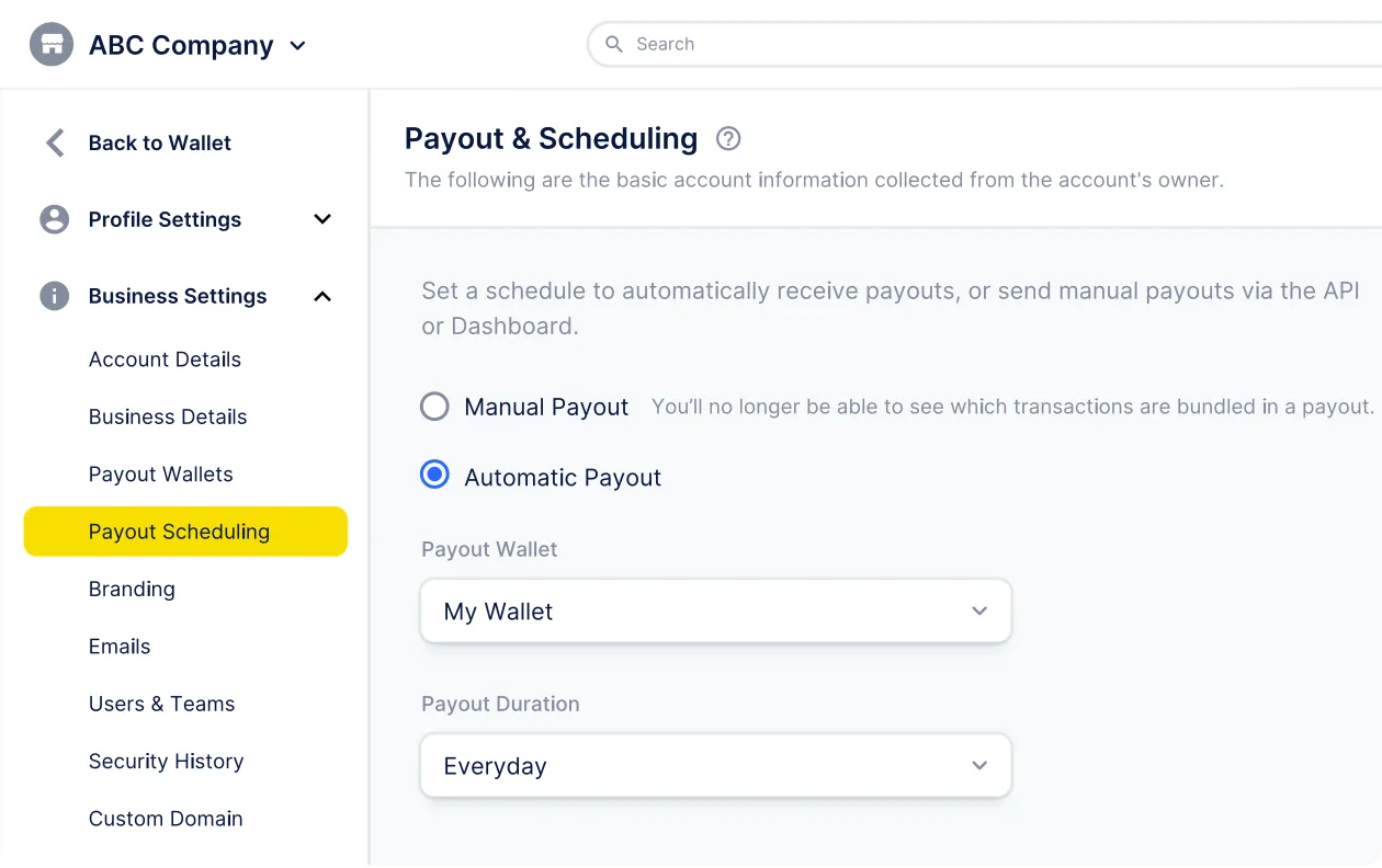 Payout scheduling screen on Speed web app